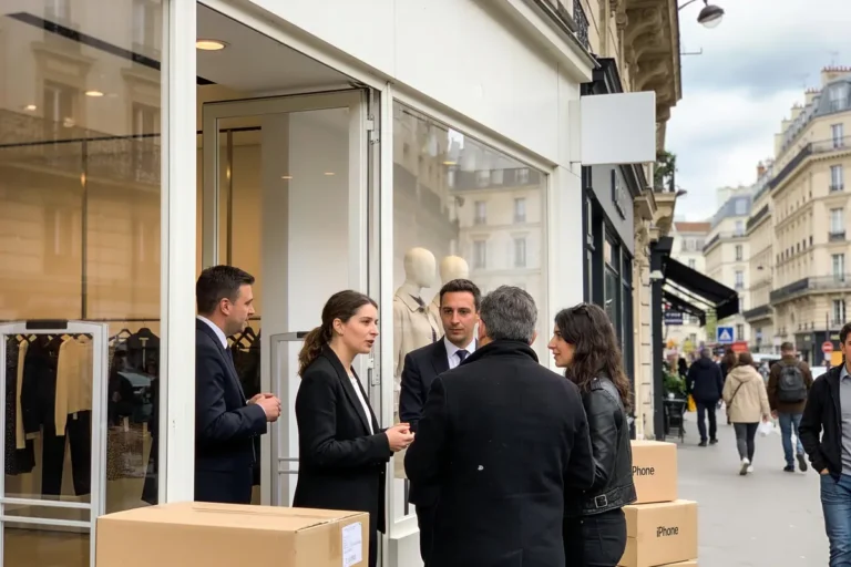 Des personnes en costumes discutent devant une boutique parisienne, avec des cartons marqués "iPhone" à proximité.