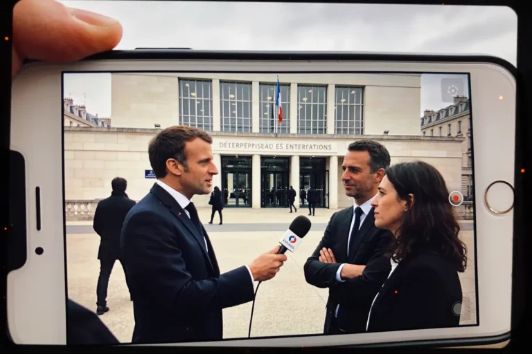 Personne interviewant deux individus devant un bâtiment administratif, capturé sur l'écran d'un smartphone.