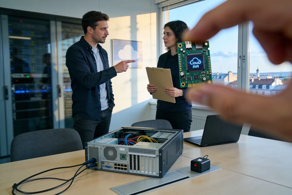Deux personnes discutent dans un bureau avec du matériel informatique, une puce "Cloud AI" en avant-plan.