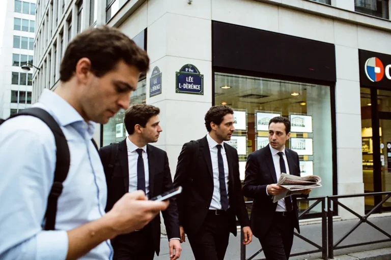 Quatre hommes en costumes discutent dans une rue urbaine, l'un lit un journal.
