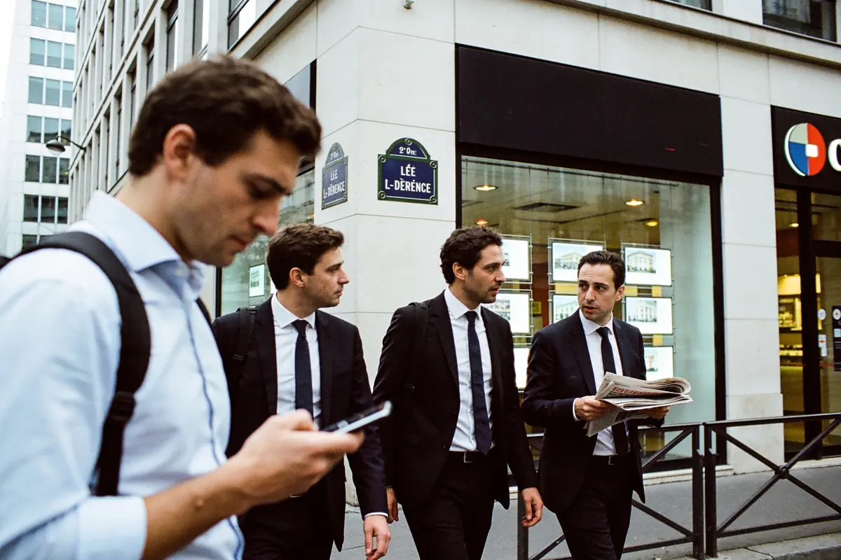 Quatre hommes en costumes discutent dans une rue urbaine, l'un lit un journal.