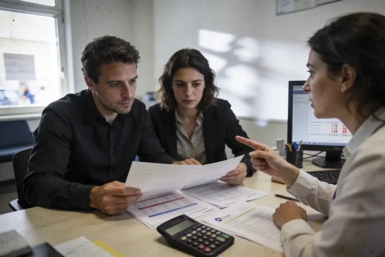 Trois personnes discutant d'un document financier, avec ordinateur et calculatrice sur la table.