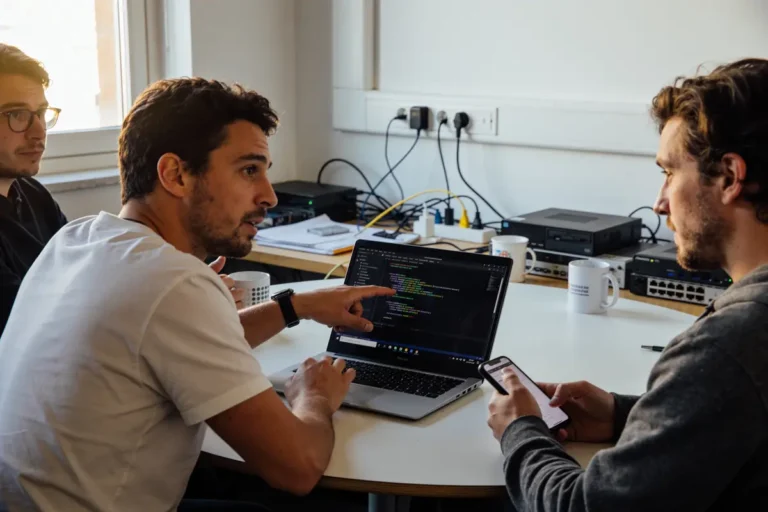 Trois hommes discutant de code informatique autour d'un ordinateur portable dans un bureau.