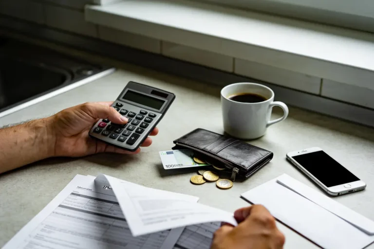 Personne utilisant une calculatrice, documents, portefeuille, téléphone, tasse de café et pièces de monnaie sur une table.