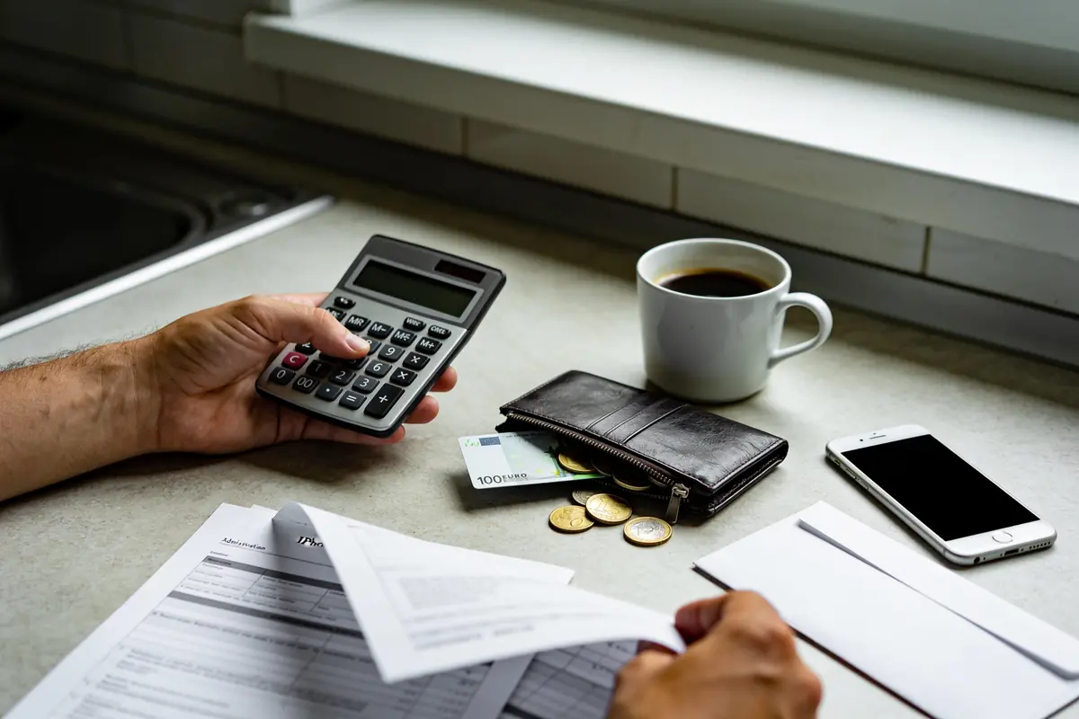 Personne utilisant une calculatrice, documents, portefeuille, téléphone, tasse de café et pièces de monnaie sur une table.