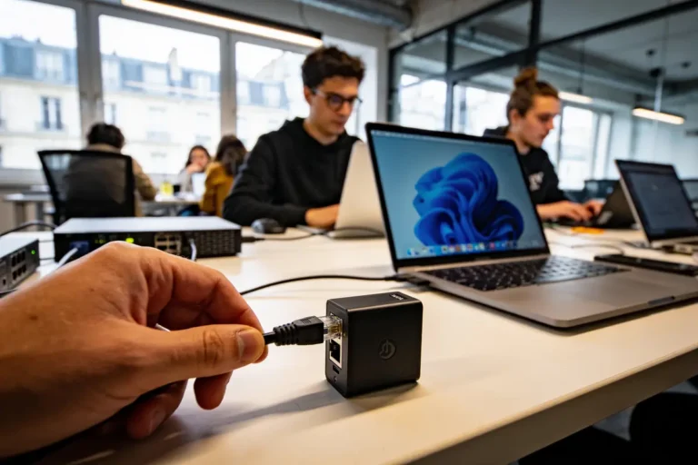 Personnes travaillant sur des ordinateurs portables, main connectant un câble Ethernet à un appareil réseau.