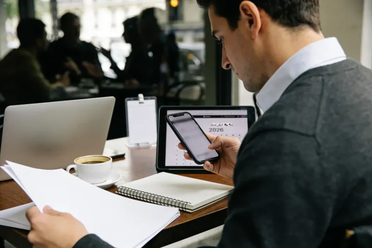 Homme travaillant dans un café, utilisant smartphone et ordinateur portable avec café et documents.