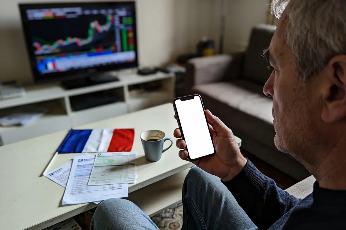 Homme regardant smartphone, écran trading bourse, drapeau français, documents et tasse sur table basse.