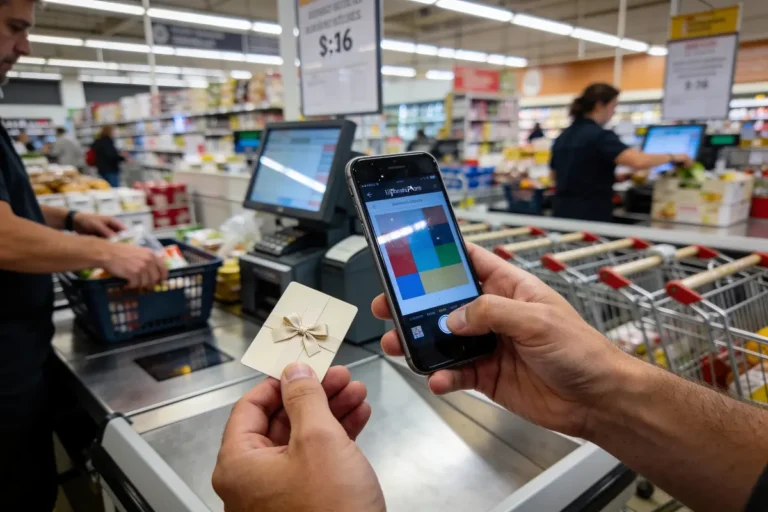 Personne utilisant un smartphone et une carte-cadeau à la caisse d'un supermarché occupé.