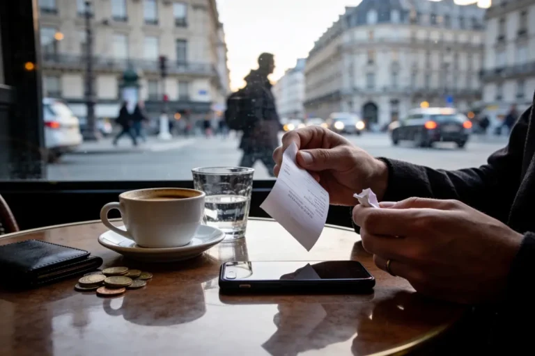 Tasse de café, main tenant note, téléphone posé, rue parisienne en arrière-plan avec passant.