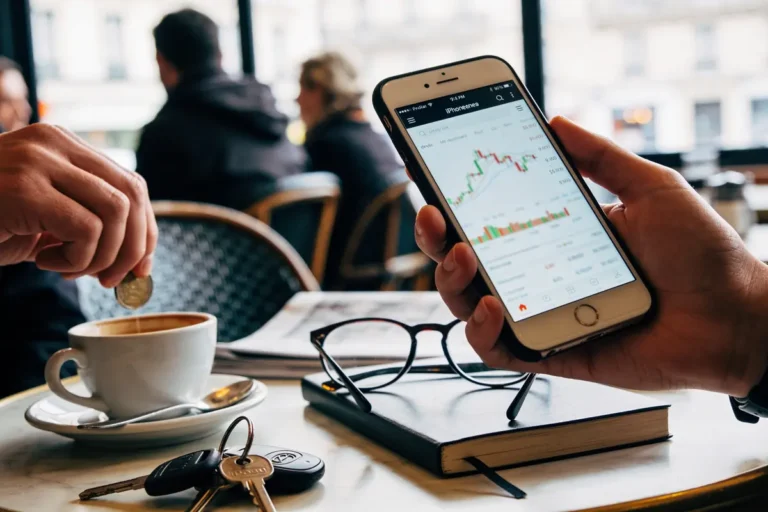 Personne regardant des graphiques boursiers sur smartphone dans un café. Tasse de café, lunettes et clés présentes.