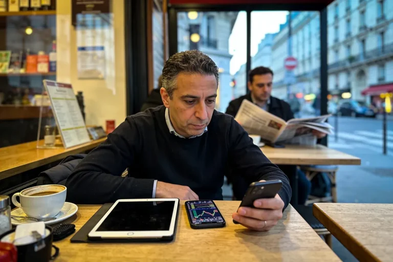 Homme au café, vérifiant téléphone avec graphique, tablette et café posés sur la table.