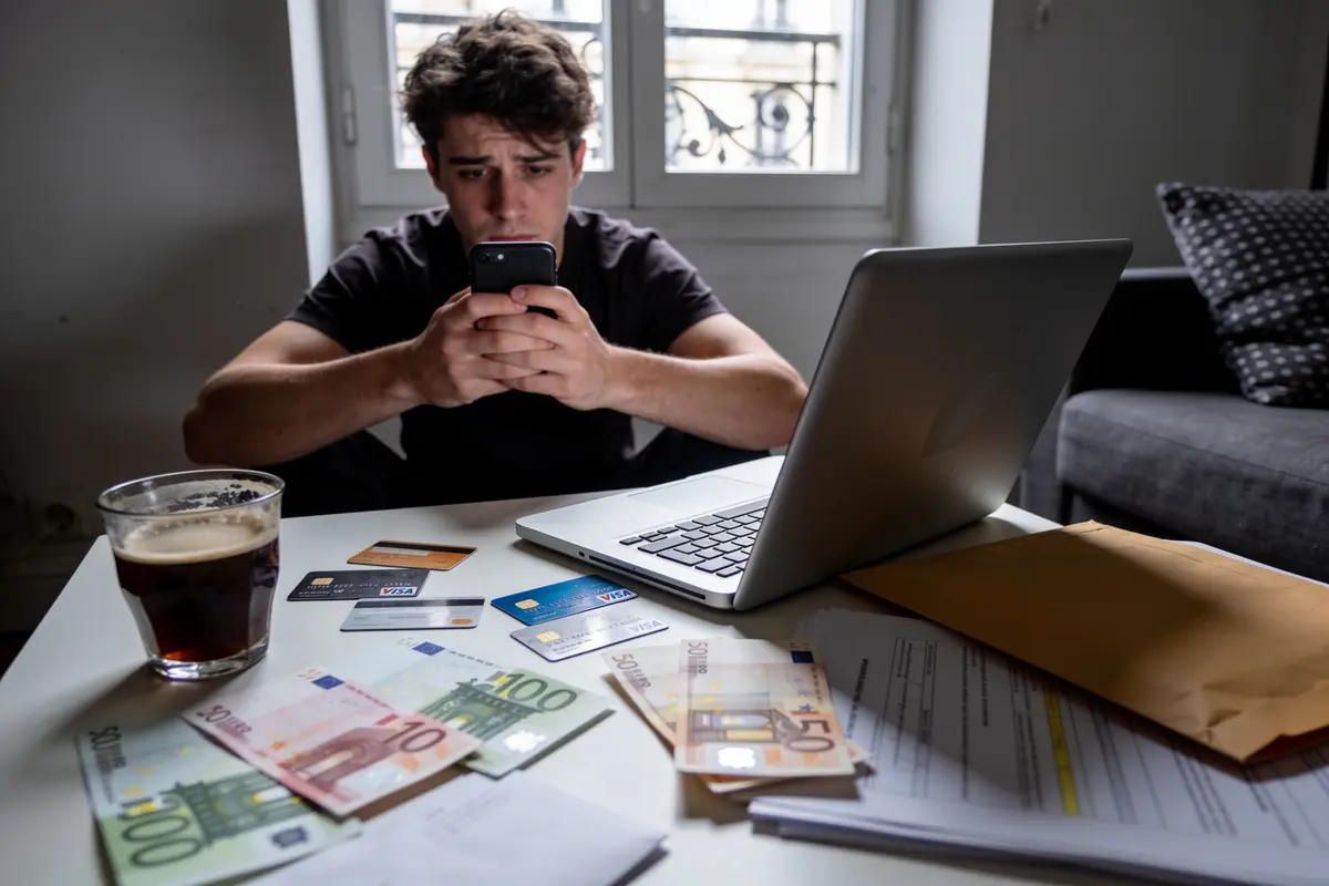 Jeune homme préoccupé, utilisant smartphone, entouré d'argent, cartes de crédit, documents et ordinateur portable sur la table.