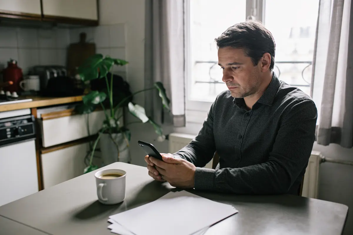 Homme assis regardant son téléphone, café et papiers sur la table, cuisine éclairée par la fenêtre.
