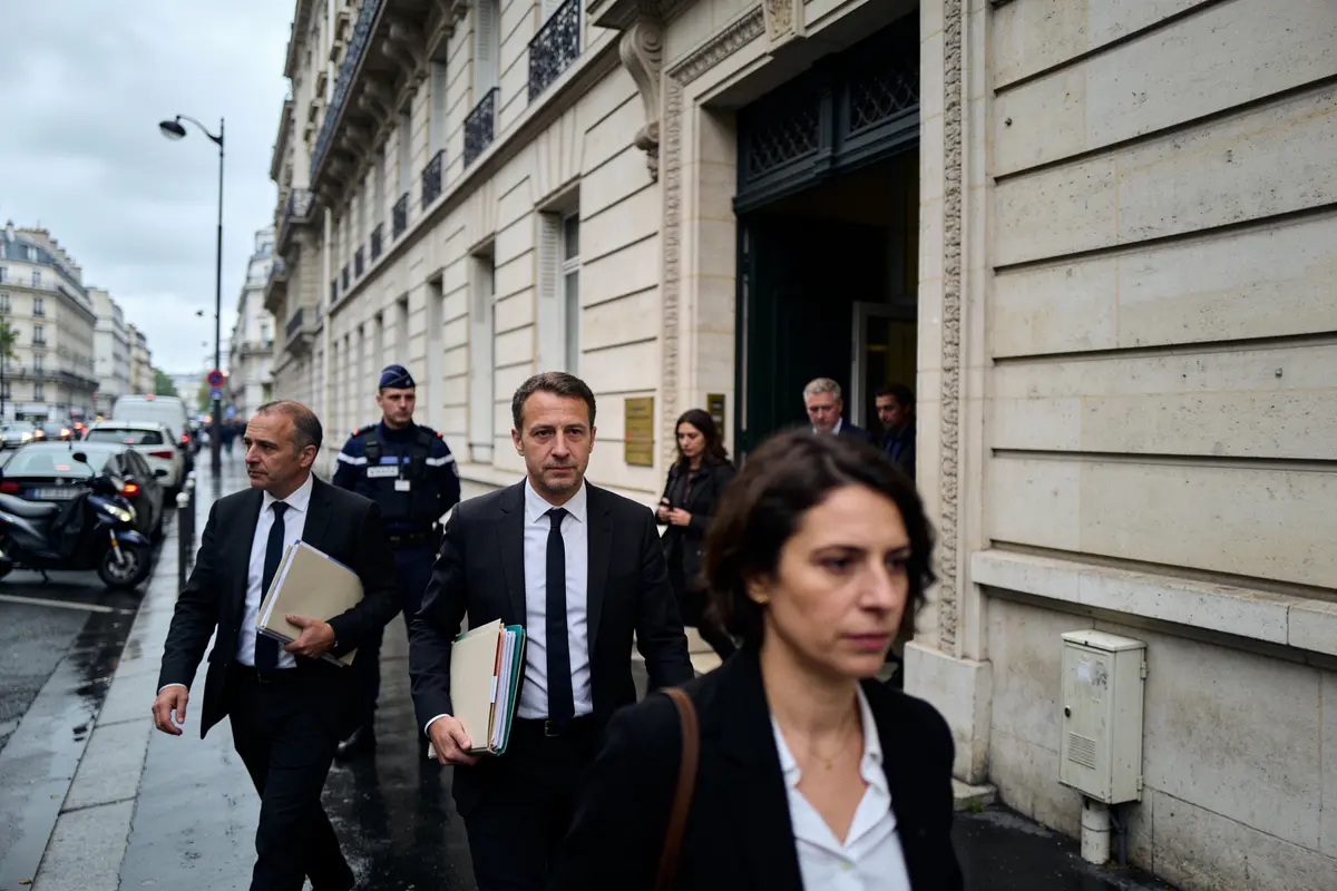 Personnes en tenue formelle sortant d'un bâtiment à Paris, jour pluvieux, policier visible en arrière-plan.