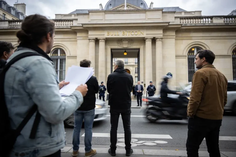 Des gens devant bâtiment "Bull Bitcoin", gardés par policiers, avec scooter passant. Ville en arrière-plan.
