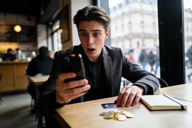 Homme surpris regardant téléphone, café, pièces de monnaie et carnet sur table, Paris en arrière-plan.