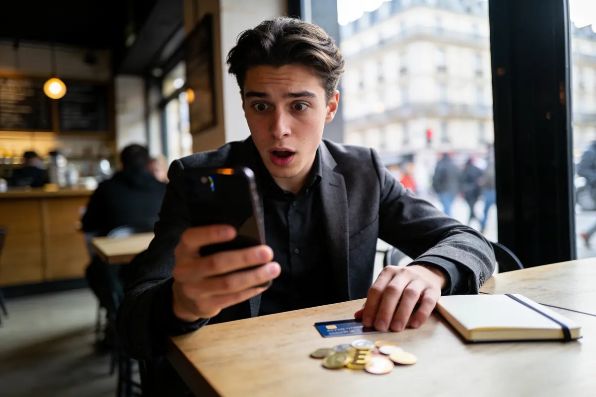Homme surpris regardant téléphone, café, pièces de monnaie et carnet sur table, Paris en arrière-plan.