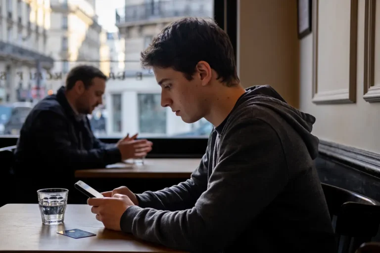 Jeune homme utilisant un smartphone dans un café, avec un verre d'eau sur la table.