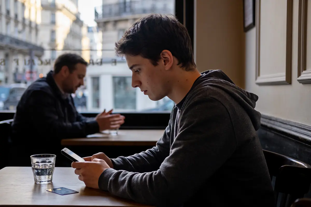 Jeune homme utilisant un smartphone dans un café, avec un verre d'eau sur la table.