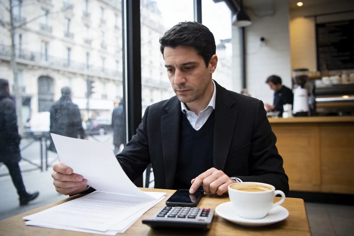 Homme en café lisant des documents avec téléphone, calculatrice et café sur la table, devant fenêtre.