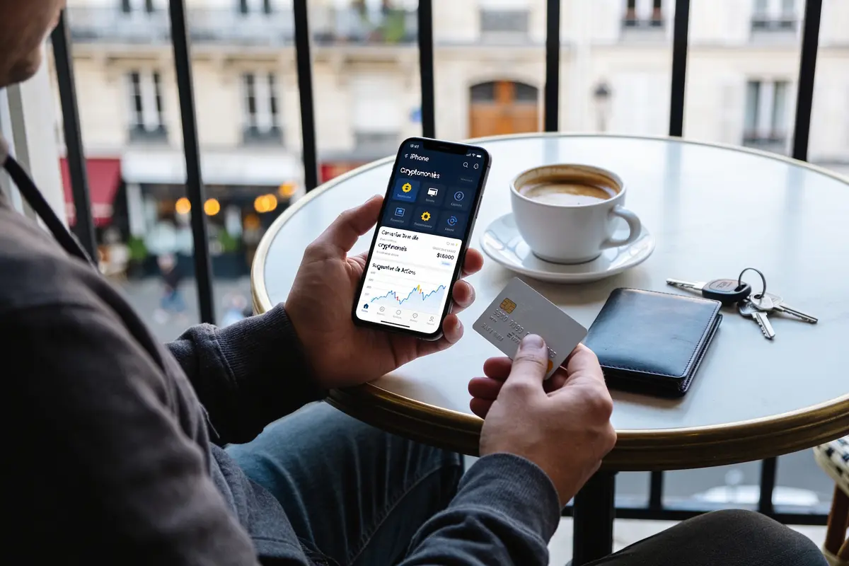 Personne tenant smartphone avec application cryptomonnaie, carte bancaire, tasse de café, clés et portefeuille sur table.