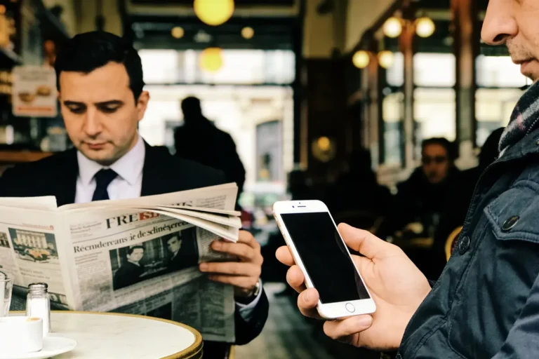 Homme dans un café lisant un journal, un autre tenant un smartphone, ambiance intérieure chaleureuse.