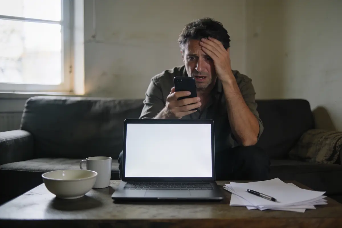 Homme stressé regardant téléphone devant ordinateur portable avec écran vide, table avec bol et tasse.