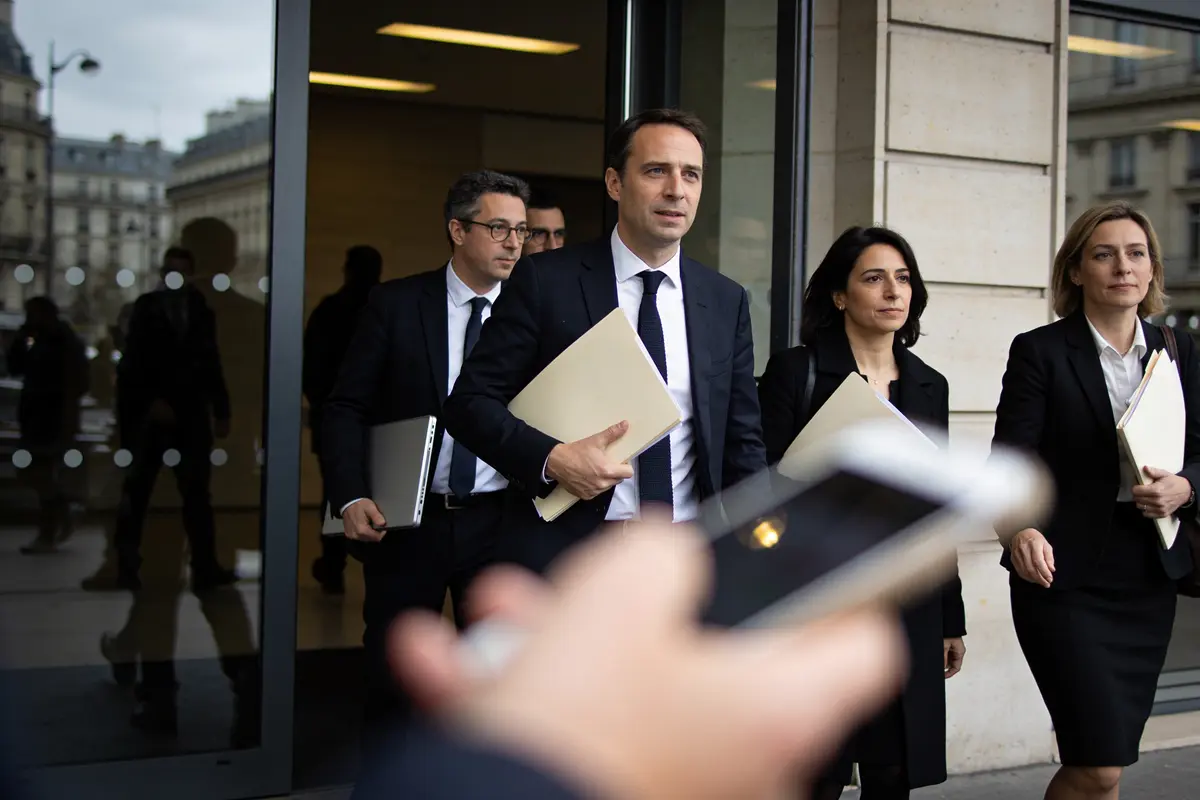 Des personnes en tenue professionnelle sortent d'un bâtiment, portant des dossiers, avec un smartphone flou au premier plan.
