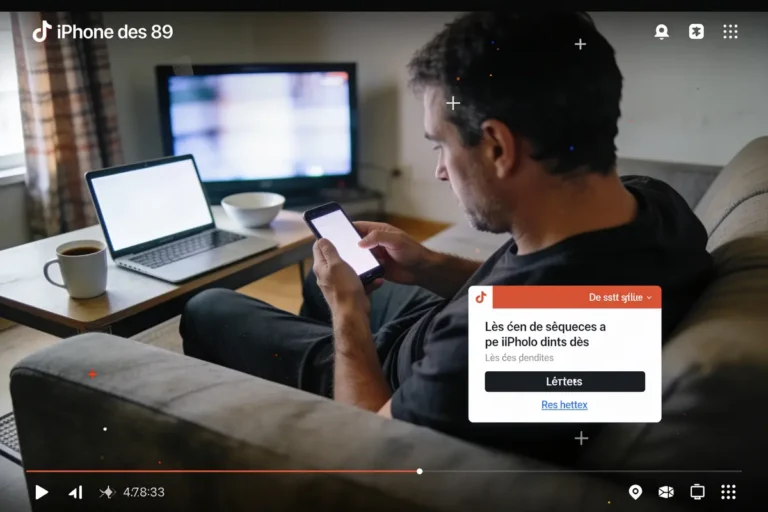 Homme assis sur canapé utilisant un smartphone, avec ordinateur portable et télévision allumée en arrière-plan.
