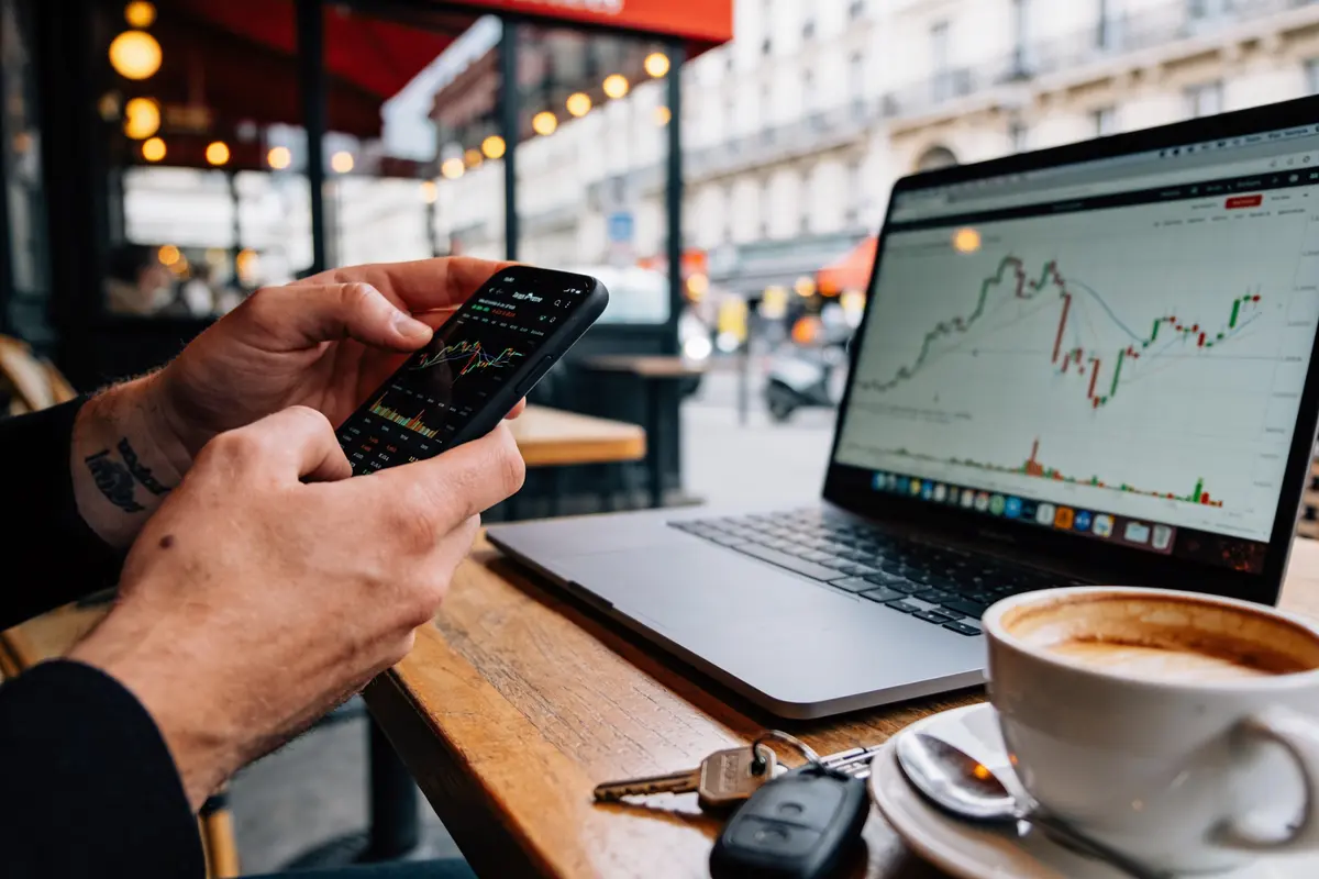 Personne vérifiant des graphiques boursiers sur un smartphone et un ordinateur portable dans un café parisien.