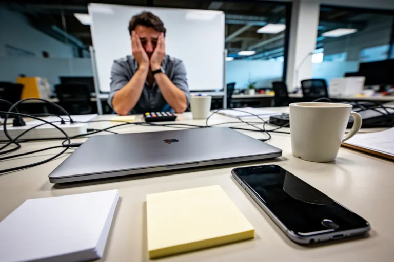 Homme stressé devant ordinateur portable, smartphone, tasses et câbles. Bureau moderne et encombré.