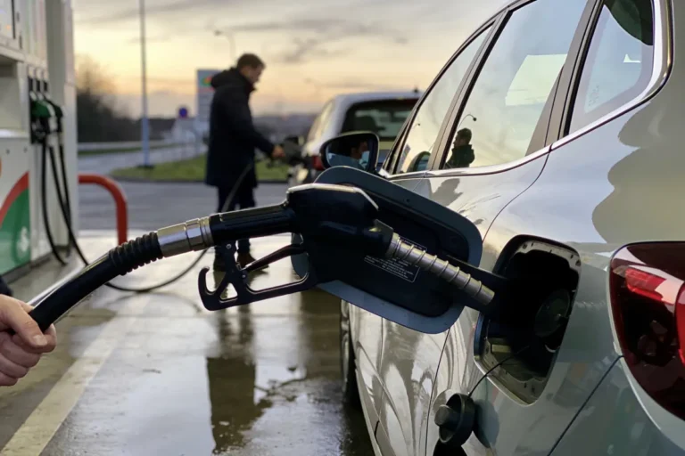 Voiture argentée faisant le plein d'essence à une station-service, personne en arrière-plan.