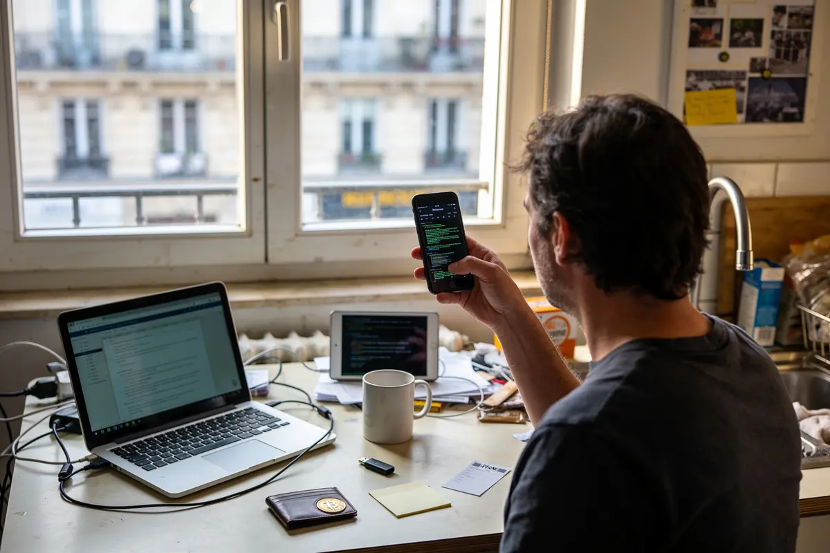 Un homme travaillant à un bureau avec ordinateur portable et téléphone portable, chez lui.