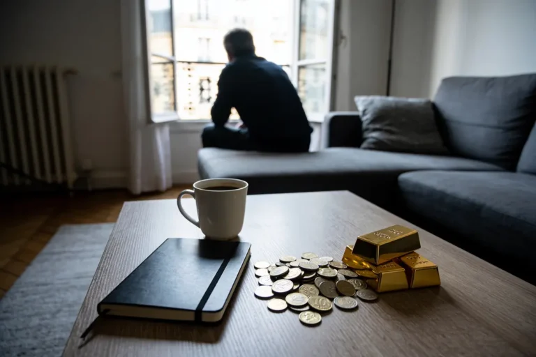 Homme assis sur canapé, regarde fenêtre. Table avec tasse café, carnet, pièces et lingots.