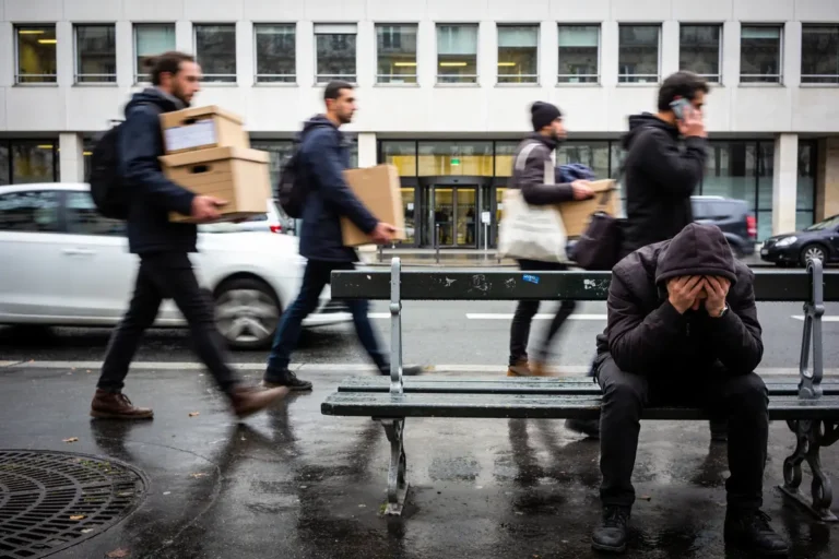 Homme assis, tête baissée, sur un banc. Passants pressés avec cartons. Bâtiment en arrière-plan.