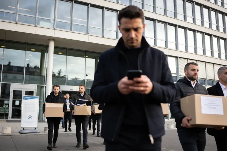 Groupe d'hommes sortant d'un bâtiment, portant des cartons. Un homme devant utilise un téléphone.