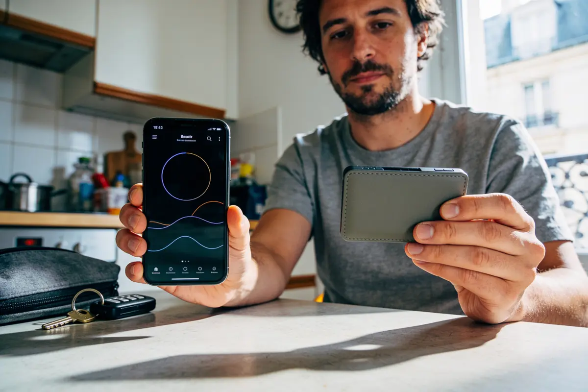 Homme tenant un smartphone montrant une application, et un portefeuille dans une cuisine ensoleillée.