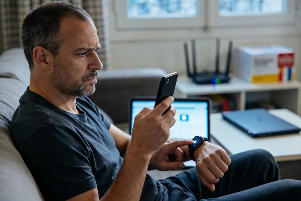 Homme vérifie smartwatch tout en tenant smartphone, ordinateur portable en arrière-plan, ambiance concentrée, intérieur moderne.