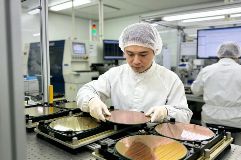Technicien en salle blanche manipulant des plaquettes de silicium dans une usine de fabrication de semi-conducteurs.