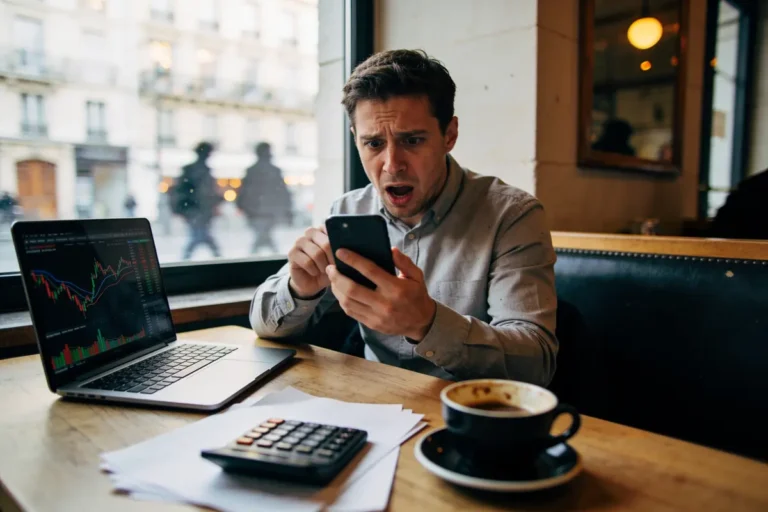 Homme surpris regardant son téléphone, ordinateur portable affichant graphique financier, calculatrice et café sur la table.