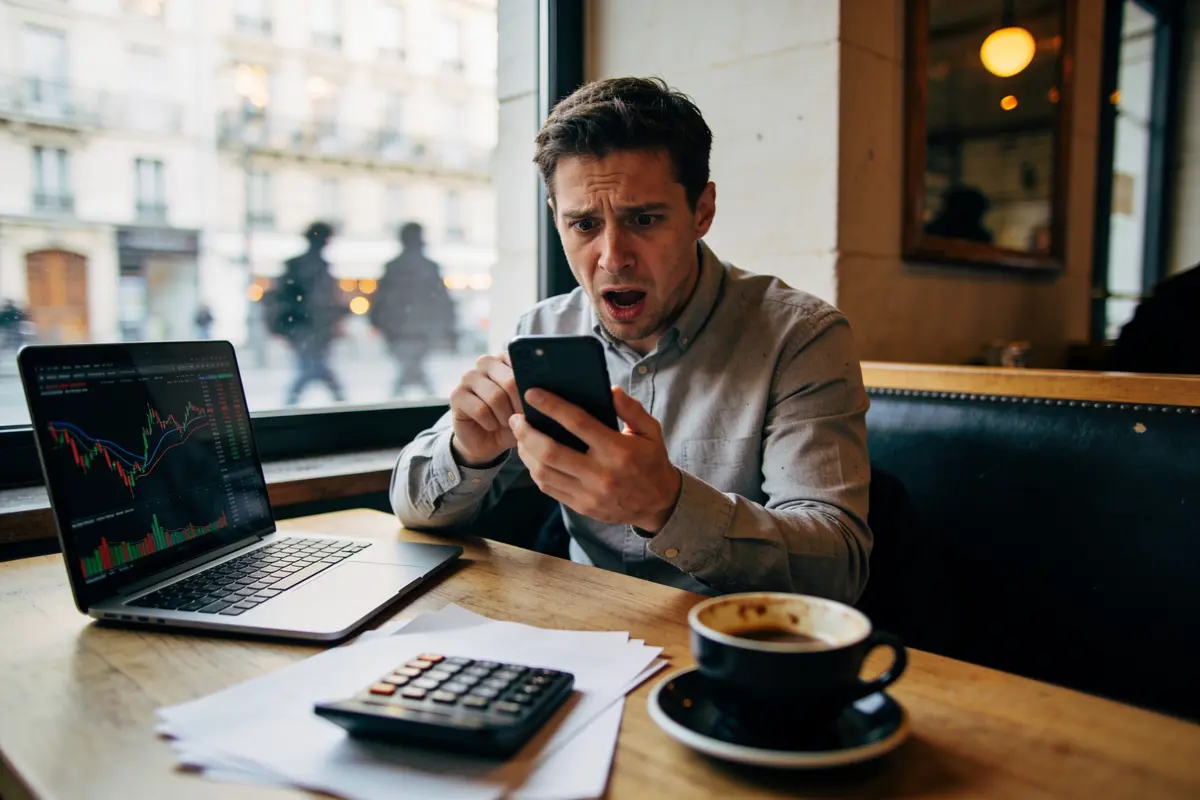Homme surpris regardant son téléphone, ordinateur portable affichant graphique financier, calculatrice et café sur la table.