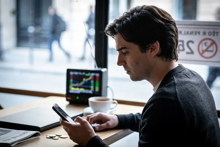Homme concentré, utilisant un smartphone dans un café, écran affichant des graphiques financiers, devant une fenêtre.