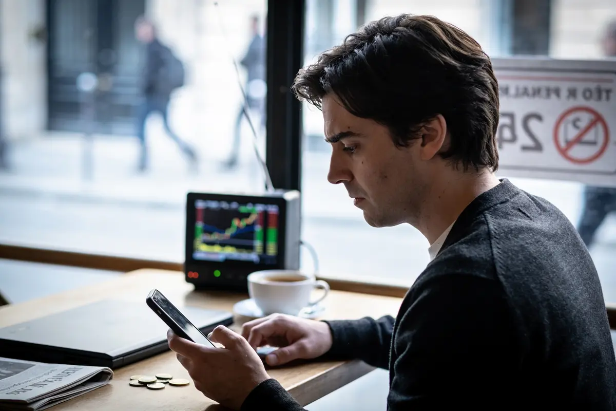 Homme concentré, utilisant un smartphone dans un café, écran affichant des graphiques financiers, devant une fenêtre.