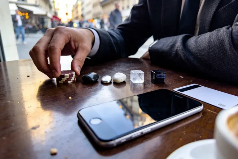 Main en costume, jetons et objets sur table avec smartphone et carte dans rue animée.