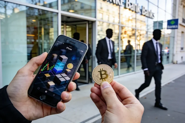 Main tenant un téléphone et une pièce Bitcoin devant une banque, deux hommes en costumes sortent.