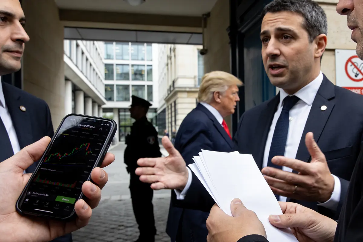 Des hommes en costume discutent à l'extérieur, smartphone en main affichant des graphiques boursiers.