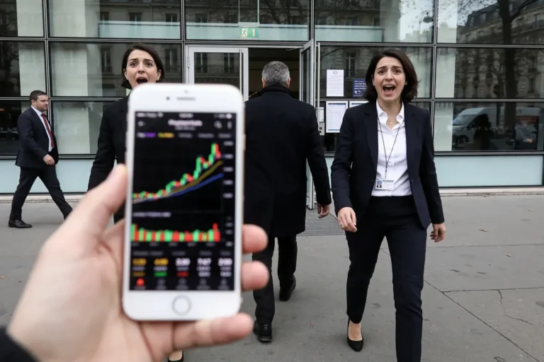 Téléphone affichant graphique boursier, deux personnes surprises en costume devant un bâtiment moderne.