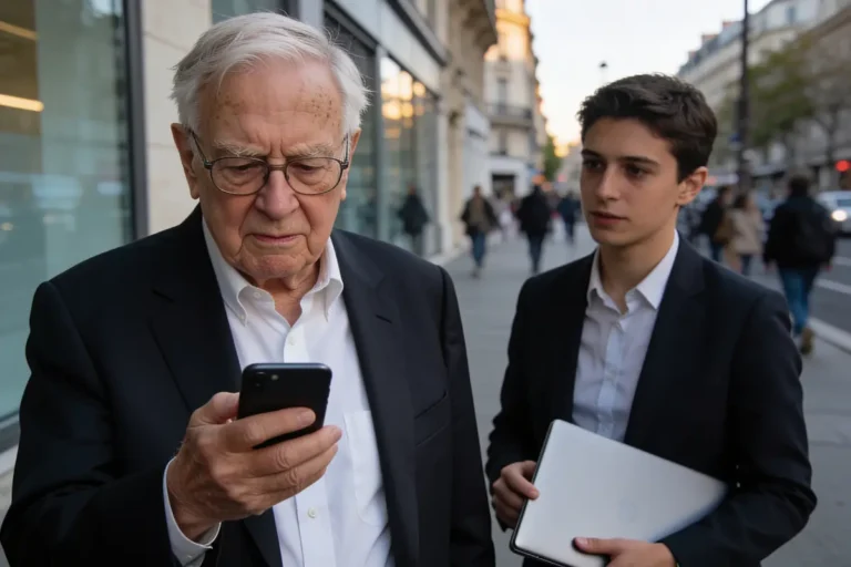 Vieil homme avec téléphone portable et jeune homme avec ordinateur, marchant en ville, vêtus en costume.