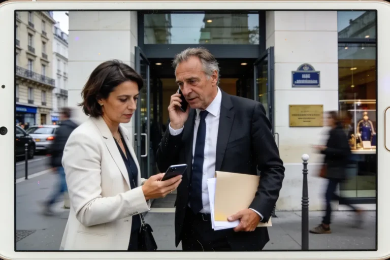 Deux personnes en tenue formelle discutent devant un bâtiment, l'une avec un téléphone portable.